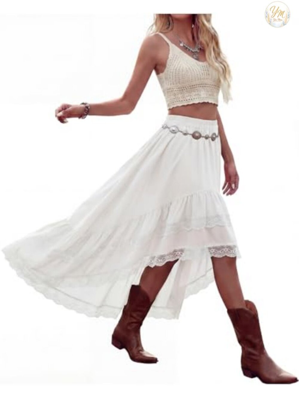 Women Boho High Low Lace Ruffle Maxi Skirt Elastic Waist